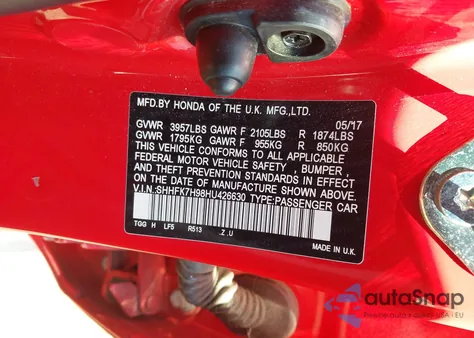 2017 Honda Civic Sport Touring z USA, uszkodzony, nr VIN SHHFK7H98HU426630